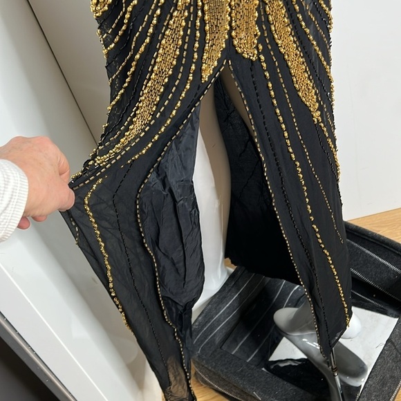 Nite Line Sz 10 Black Silk Gold Bugle Beaded Full Length Side Slit Dress Gown - Picture 8 of 16